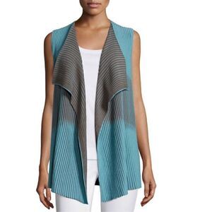 Lafayette 148 New York Bicolor Blue and Grey Pleat-Stitches Drape Front Sleevele